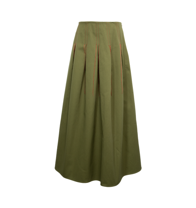 Image 1 of 3 - GREEN - ROSIE ASSOULIN Red Alert Threaded Maxi Skirt featuring high-waisted, pleated, red thread detailing, maxi hem and zip fastening. 100% cotton. 