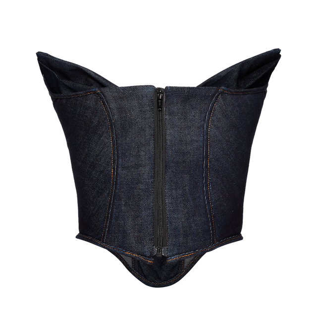 Image 2 of 2 - NAVY - MAGDA BUTRYM Draped Strapless Denim Corset featuring a strapless neckline, structural draping, and body boning, redefining Magdas classic corset design. 100% cotton. 