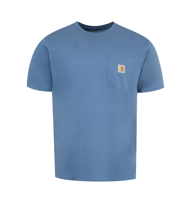 Image 1 of 2 - BLUE - CARHARTT WIP Pocket T-Shirt has a crew neck, chest pocket, and signature logo patch. 100% cotton.  