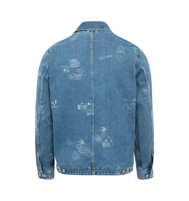 Image 2 of 2 - BLUE - CARHARTT WIP Stamp Print Jacket featuring riple stitched, inside chest pocket, four front pockets, adjustable cuffs and bottom band, allover print and artificial leather Square Label. 100% cotton. 