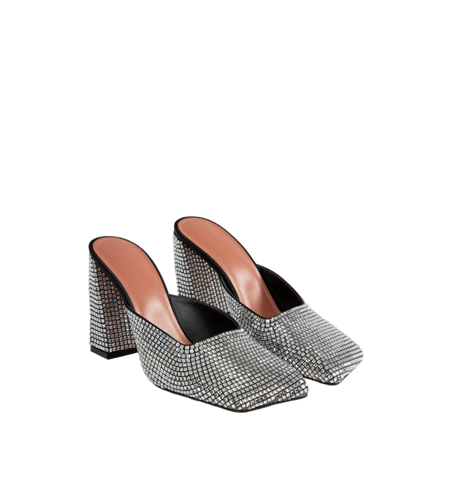 Image 2 of 4 - BLACK - AMINA MUADDI Charlotte Crystal Mule Satin featuring block heel, crystal embellished and square toe. 100% satin. Lining: 100% goat. Sole: 70% leather, 30% rubber.  