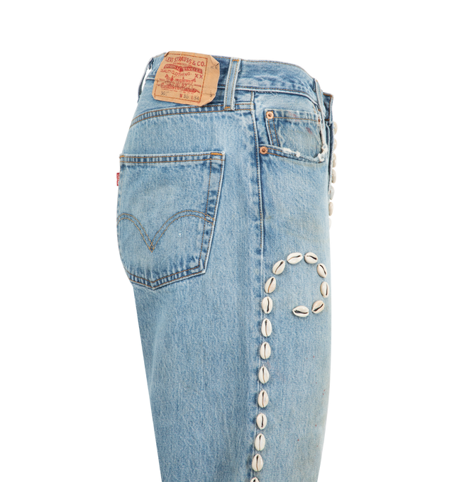 Image 3 of 3 - BLUE - BARRIERS Cowrie Shell Denim Jeans featuring straight leg, paneled construction, distressed throughout, five-pocket styling, hand embellished and belt loops. 100% cotton. Made in USA. 