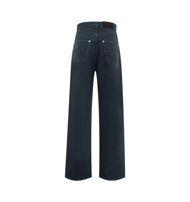 Image 2 of 3 - BLUE - Bottega Veneta Mens Wide-Leg Jeans are crafted from overdyed washed denim. Feature a high-rise waist, wide-leg silhouette, button closure, and embossed Intrecciato leather patch at the back waist. Main Material: Denim; Trim: Leather. Made in Italy. 