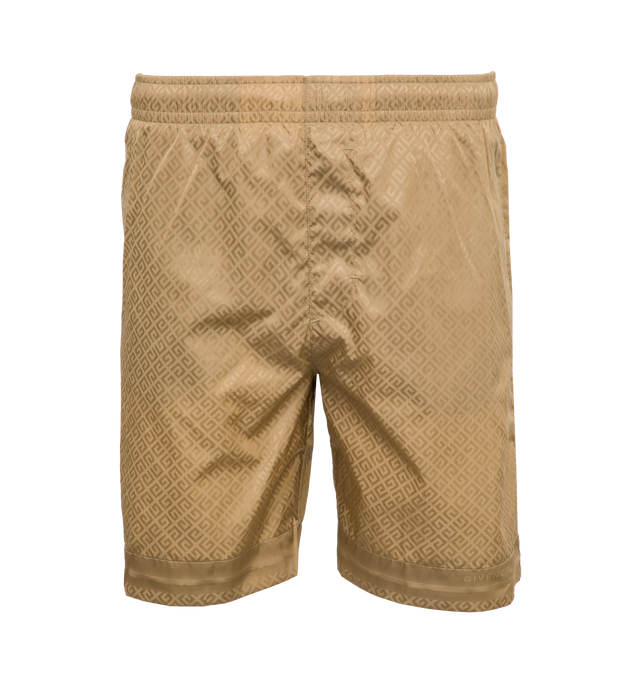 Image 1 of 5 - BROWN - GIVENCHY Long Swim Shorts featuring recycled synthetic fiber, elastic waist, diagonal 4G pattern all-over, small GIVENCHY signature on the left leg, on the front, two side pockets and one back pocket. 100% polyamide. 