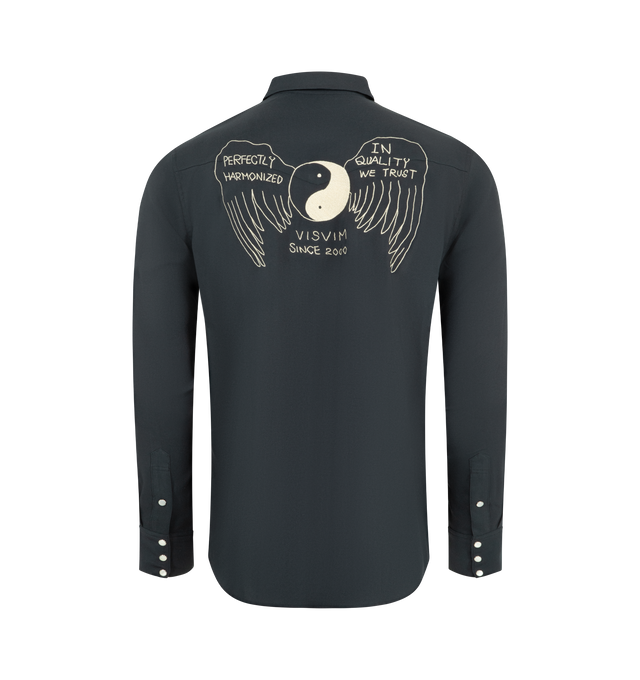 Image 2 of 2 - BLACK - VISVIM Four Corners Shirt featuring a custom Rayon Canvas fabric that has undergone a special treatment, a pressed finish, american snap buttons, classic collar, front "Visvim" embroidery details and back "VISVIM SINCE 2000" embroidery details. 100% rayon. Made in Japan. 