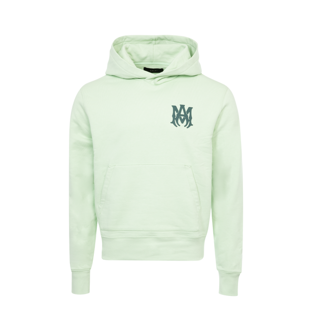 Image 1 of 2 - GREEN - AMIRI MA Logo Hoodie featuring logo at chest and back, drawstring hood, pouch pocket, long sleeves, banded cuffs and waist and pullover style. 100% cotton. Made in Italy. 