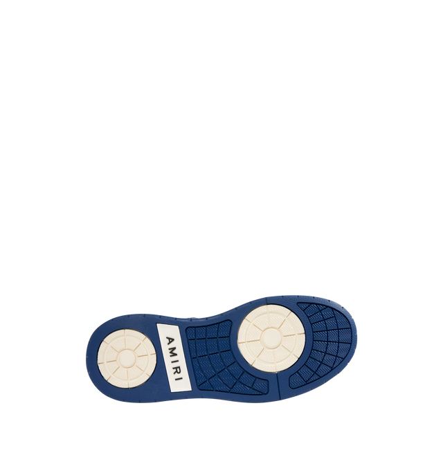 Image 4 of 5 - BLUE - AMIRI Classic Low Sneakers featuring low-top, buffed leather, graphic perforated detailing throughout, logo bonded at padded tongue, padded collar, rubberized logo appliqu at sides, logo bonded at heel counter and treaded rubber sole. Upper: leather. Sole: rubber. 