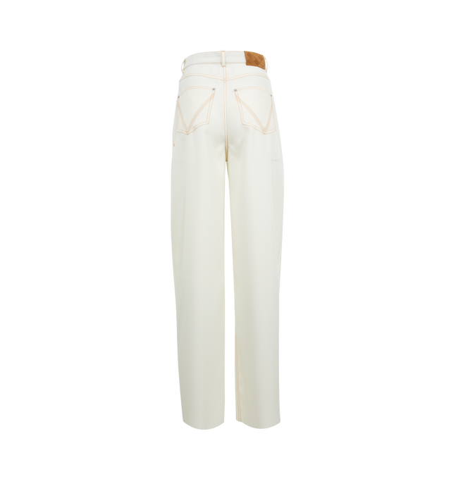 Image 2 of 3 - WHITE - BOTTEGA VENETA Wide Leg Trousers featuring a suede intrecciato patch, wide leg, button closure and 4 pocket styling. Made in Italy. 