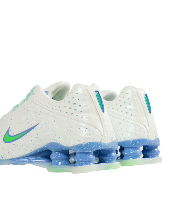 Image 3 of 5 - WHITE - NIKE Shox R4 Sneaker featuring Nike Shox columns provide responsive cushioning, modified, circular waffle outsole, laser perforations throughout, lace up closure and padded collar.  