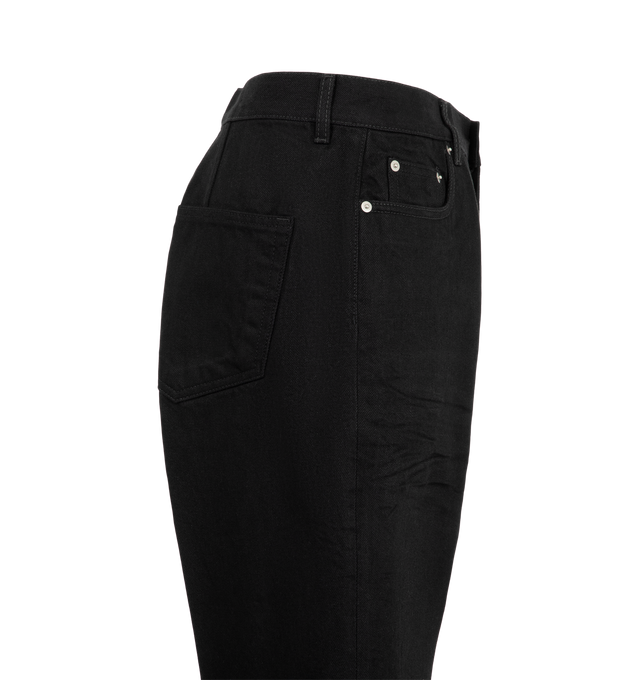 Image 3 of 3 - BLACK - Rick Owens Men's Bolan Cutoffs are crafted from 16 oz Japanese selvedge denim and feature a high-rise waist, a slim fit, knee-length raw-cut hems, side slits, and a six-pocket construction. Designed with a concealed button fly, belt loops, pocket rivets, rear patch pockets, crotch whiskering, and pressed front and back leg creases, this style combines signature tailoring details with a streamlined silhouette. Main Material: 100% Cotton. Pocket Lining: 52% Polyester, 48% Cotton.  Made  