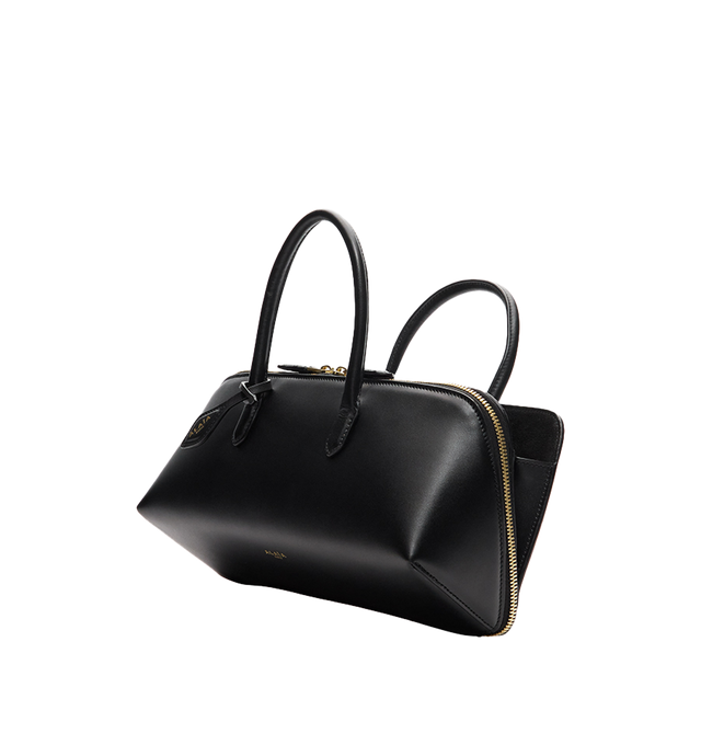 Image 2 of 2 - BLACK - Alaa Women's Delta Small Bag In Box Calfskin features a sculptural sihlouette crafted from soft box calfskin leather and features an elongated silhouette with clean square lines, top handles, a double zip closure, and a front gusset compartment for organized storage. Finished with a decorative branded tie and designed for hand carry. Main Material: 100% Calf Leather. Dimensions: 28 x 11 x 10 cm. Fits a large phone, card case, keys, sunglasses and other small essentials. Made in Italy. 