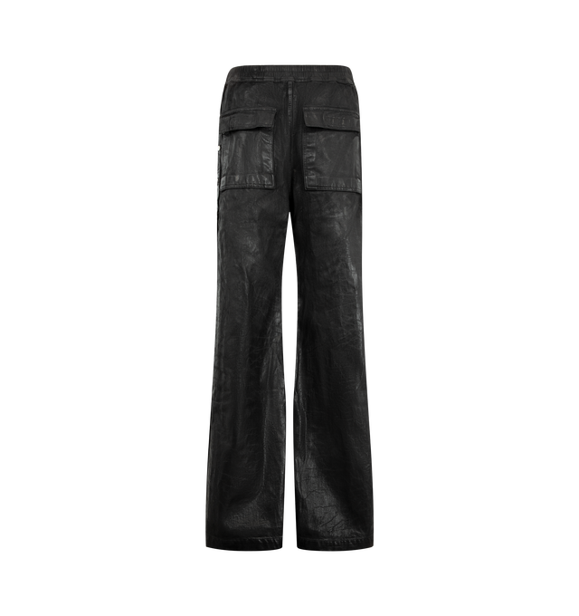 Image 2 of 3 - BLACK - Rick Owens Drkshdw Men's Wide Pusher Pants are crafted from heavyweight cotton sweatshirt jersey and feature a floor-length silhouette with a wide leg and slightly dropped crotch. Main Material: 100% Cotton. Waistband: 97% Cotton, 3% Elastane. Pockets: Side Front Jet Pockets, Square Back Pockets. Closure: Elasticized Drawstring Waist and Snap Side Closures. 