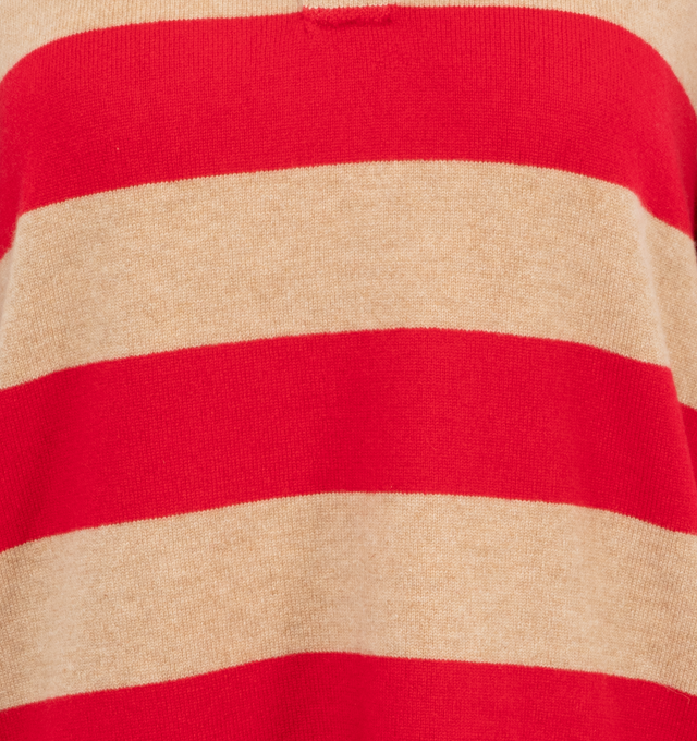 Image 3 of 3 - RED - Guest in Residence Rugby Sweater made from medium weight knit cashmere in two color jersey stripe. Unisex style in men's sizing, intended for a relaxed fit. Features shirt collar with hidden 3-button closure, jersey tubular finish at hem and cuffs, side slit at hem, with signature GIR branding at center back. 100% premium cashmere sourced from inner Mongolia, manufactured in China. 