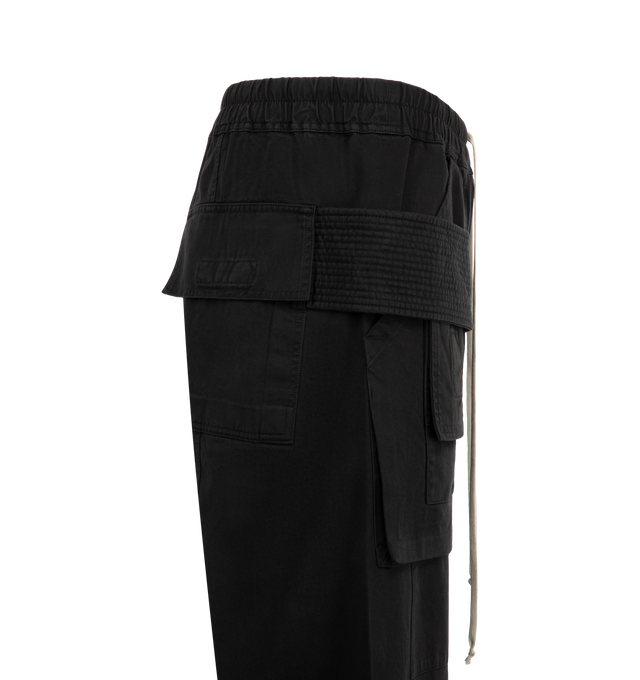 Image 3 of 3 - BLACK - Rick Owens Drkshdw Men's Creatch Wide Cargo Drawstring Pants feature a relaxed wide-leg silhouette with an elasticized drawstring waistband. Main Material: Cotton. Waist: Elasticized with Drawstring. Pockets: Cargo Pockets and Utility Storage Details. 