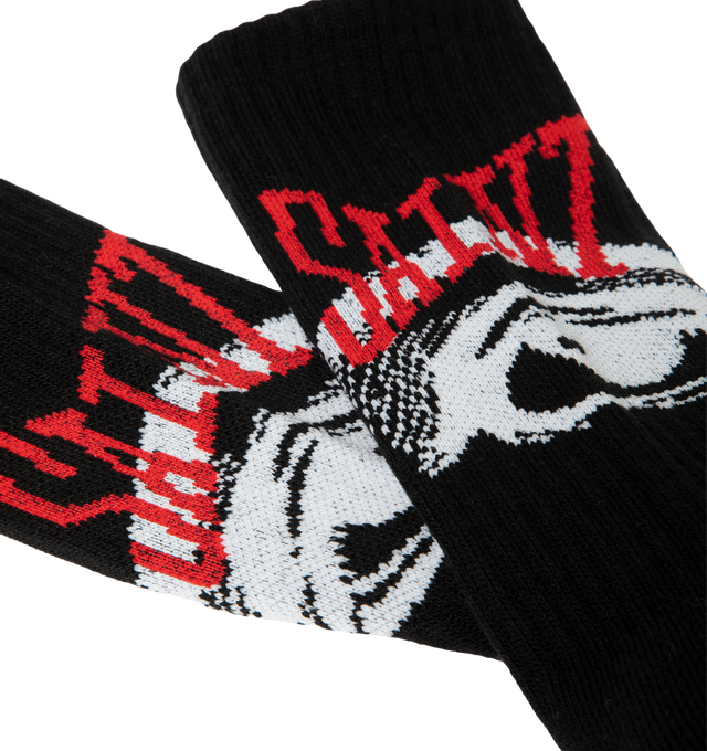Image 3 of 3 - BLACK - Saint Michael Mens Socks are crafted from a durable cotton-blend knit. Feature ribbed detailing, stitched branding and imagery, and a comfortable stretch fit. Main Material: Cotton, Polyester, Nylon, and Elastane Blend. Made in the USA. 