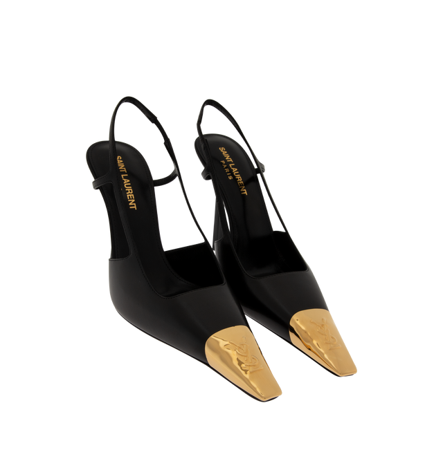 Image 2 of 4 - BLACK - Saint Laurent Womens Slingback Pumps are crafted from lambskin leather. Feature a square pointed metal cap toe with signature Cassandre martel hardware, square-cut vamp, elasticized slingback strap, stiletto heel, and leather sole. Main Material: Lambskin Leather; Hardware: Brass; Sole: Leather. Total Heel Heught: 11 cm / 4.3 inches. Made in Italy. 