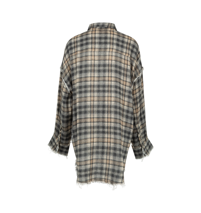 Image 2 of 2 - GREY - R13 Womens Shredded Seam Drop Neck Shirt is crafted from crinkle cotton gauze and features a drop-neck silhouette with a button-front closure. Finished with a bleached blue plaid print and shredded seam detailing. Main Material: 100% Cotton. 