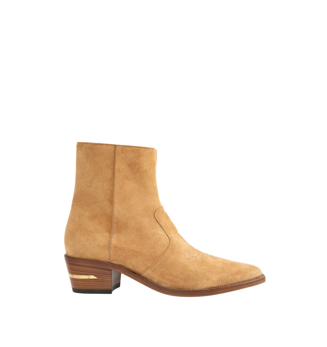 Image 1 of 4 - NEUTRAL - Amiri Men's Suede MA Pointy Boots are crafted from premium suede and feature a sleek pointed-toe silhouette with a streamlined profile for a refined Western-inspired look. These designer ankle boots combine exceptional craftsmanship with Amiri's signature luxury aesthetic, creating a versatile statement style that transitions effortlessly from day to evening. Main Material: Suede. Sole: Leather. 