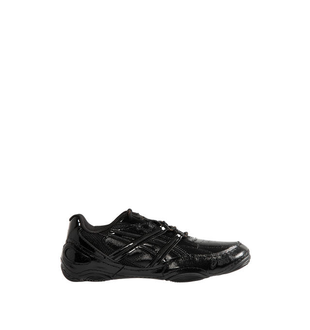 Image 1 of 5 - BLACK - Asics Hypersync Sneakers are inspired by the brand's archived wrestling and track & field footwear, combining heritage design with modern comfort. Featuring a breathable air mesh upper with textured patent leather overlays, decorative stitching, and premium gold logo detailing, these designer sneakers deliver a sleek, low-profile silhouette. Finished with an OrthoLite sockliner for enhanced cushioning, a durable AHARPLUS rubber outsole inspired by the SNAPDOWN wrestling shoe, and a no 