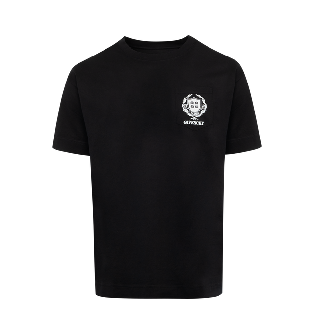Image 1 of 2 - BLACK - GIVENCHY Casual Pocket Tee featuring relaxed-fit, short sleeves, crewneck, single pocket at chest, graphic print and logo text and graphic 4G motif print above hem at back. 100% cotton. 