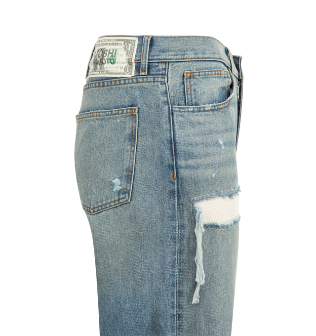 Image 3 of 3 - BLUE - SATOSHI NAKAMOTO Blessed to be Stressed Denim featuring vintage treatment, 1$ bill patch, zipper-fly, relaxed fit and distressing throughout. 100% cotton. Made in USA. 