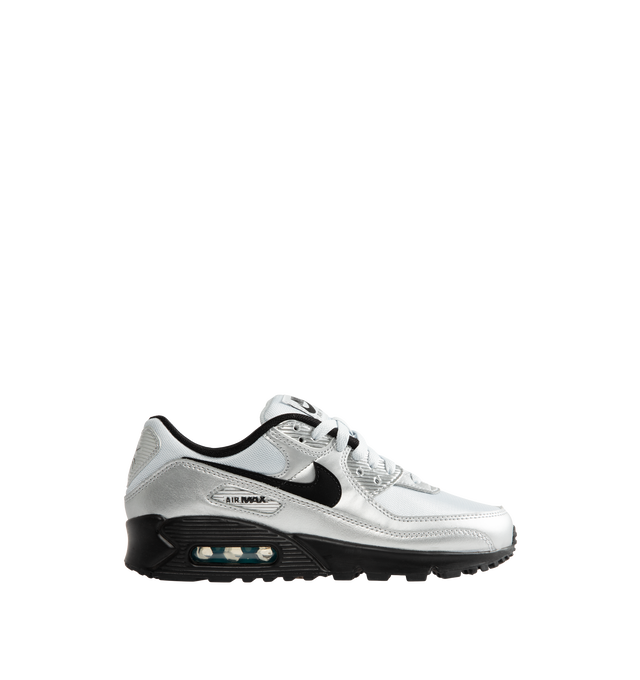 Image 1 of 5 - SILVER - Nike Air Max 90 Premium "Scorpion" Sneakers feature a genuine and synthetic leather upper with layered synthetic overlays, signature Scorpion graphics, and a classic low-top silhouette. Inspired by Nike's Scorpion Pack, these lifestyle sneakers combine visible Max Air cushioning with a durable rubber Waffle outsole for lightweight comfort, reliable traction, and iconic '90s style. Main Material: Genuine Leather, Synthetic Leather, and Synthetic. Midsole: Foam with Visible Max Air U 
