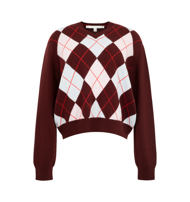 Image 1 of 2 - RED - Ruadh Women's Academy Argyle Sweater is crafted from Scottish cashmere designed with a relaxed fit and high V-neck, and finished by hand. Main Material: 100% Scottish Cashmere. Made in Scotland.  