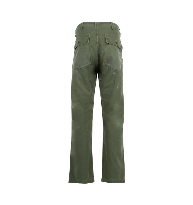 Image 2 of 3 - GREEN - FULLCOUNT Utility Trouser featuring loose, straight fit, high rise, button fly, two side entry pockets, two button flap pockets and double felled seams. 100% cotton. 
