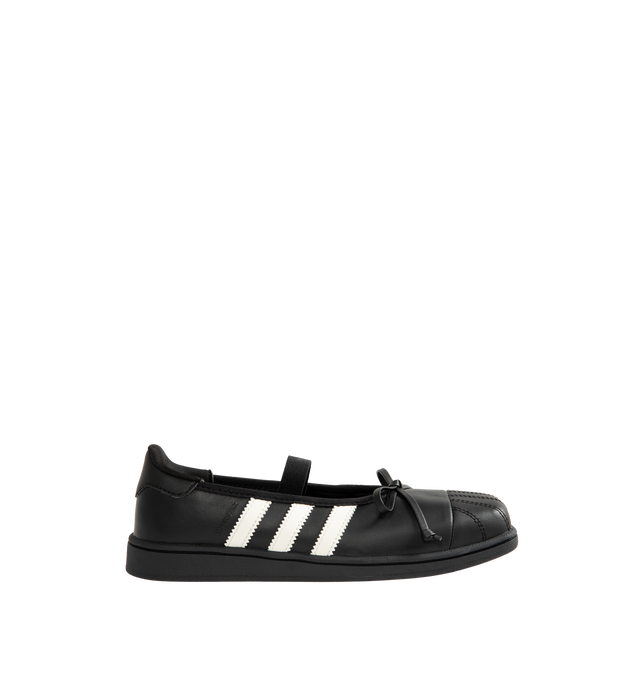 Image 2 of 6 - BLACK - Adidas Women's Jennie Superstar SQ Ballet Shoes are crafted from leather and feature a low-cut silhouette, a squared shell toe, and an elastic closure for easy entry and a secure fit. Finished with a textile sockliner, signature 3-Stripes, Trefoil branding, Jennie co-branding details, and includes optional shoelaces for customization. Main Material: Leather.  