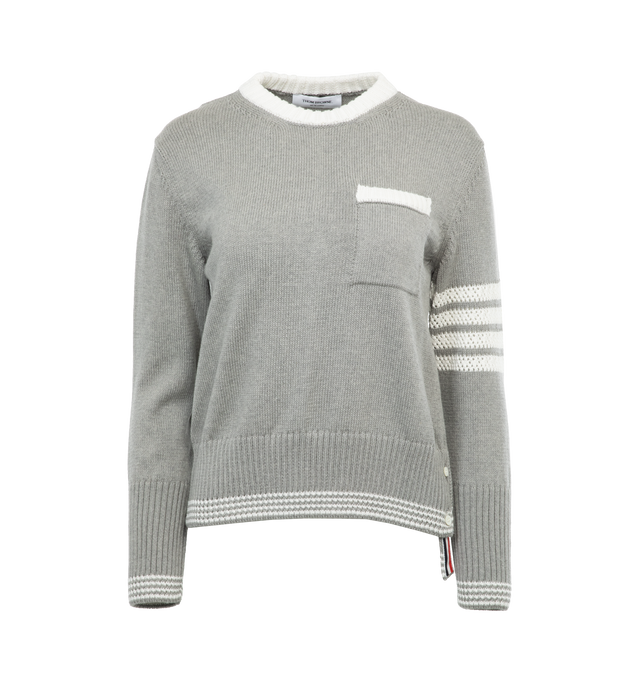 GREY - THOM BROWNE 4-Bar Sweater featuring rib knit mock neck, hem, and cuffs, patch pocket, button vent at side seams, pointelle stripes at sleeve and tricolor logo flag at back collar. 100% cotton. Made in Ireland.