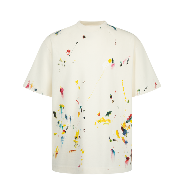 Image 1 of 2 - WHITE - Bottega Veneta Men's Paint Splattered T-Shirt is crafted from cotton and features a classic silhouette accented with painted detailing. Designed as an elevated everyday essential, this short-sleeve style combines premium fabrication with the house's understated approach to casual dressing. Main Material: Cotton. Made in Italy. 
