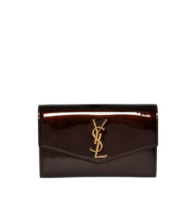 BROWN - SAINT LAURENT Uptown Chain Wallet featuring mini envelope wallet, detachable chain strap, cardcase with zipped coin pocket and three card slots included. 7.5 X 4.7 X 1.2 inches. 90% calfskin leather, 10% metal.