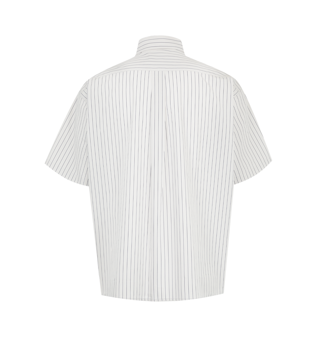 Image 2 of 2 - WHITE - Enfants Riches Dprims Men's Anti-Communist League Short Sleeve Shirt is crafted from Italian striped cotton shirting and features a pointed collar, mother-of-pearl button closure, a left chest pocket with a printed artwork patch, short sleeves, and a square hem. This designer cotton shirt combines workwear-inspired tailoring with signature graphic detailing for elevated everyday wear. Main Material: Cotton. Made in Italy. 