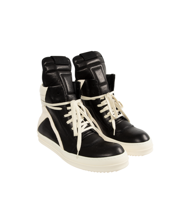 Image 2 of 5 - BLACK - Rick Owens Geobasket Sneakers (Mens) are a high-top lace-up style with padded collars, perforated details at the toes, zip closures at the inner sides, and treaded rubber soles. Calfskin uppers. Made in Italy.  