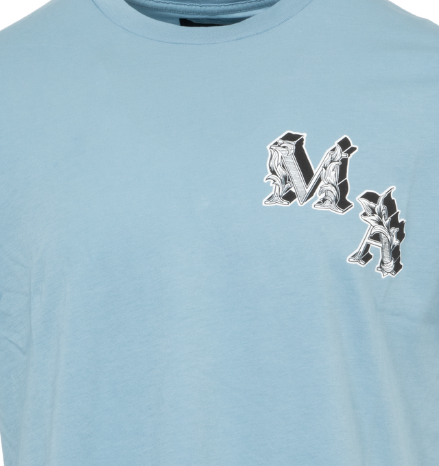 Image 3 of 4 - BLUE - AMIRI Angel Tee featuring logo print at the chest, logo graphic print to the rear, crew neck, short sleeves and straight hem. 100% cotton.  
