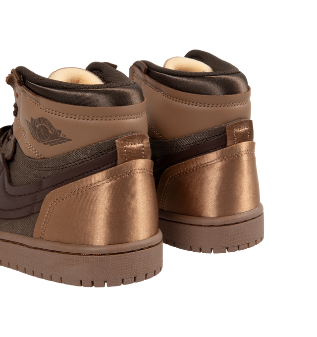 Image 3 of 5 - BROWN - Air Jordan 1 High Method of Make Sneakers are a lace-up style with soft touch textiles, leather overlays, cushioned collars, and rubber soles.  