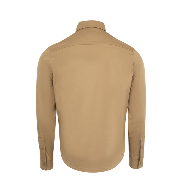 Image 4 of 6 - BROWN - Moncler Cotton Long Sleeve Shirt has a zipper and snap button closure, snap button pockets, adjustable cuffs, and a leather logo patch. 100% cotton. Made in Romania.  