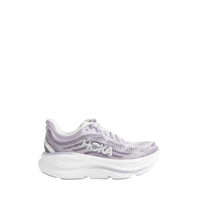 Image 1 of 5 - PURPLE - HOKA W Bondi 9 Sneaker featuring performance mesh upper, cushioned collar and tongue, removable contoured insole, supportive midsole, textile lining, lace-up closure, round toe and rubber sole. 
