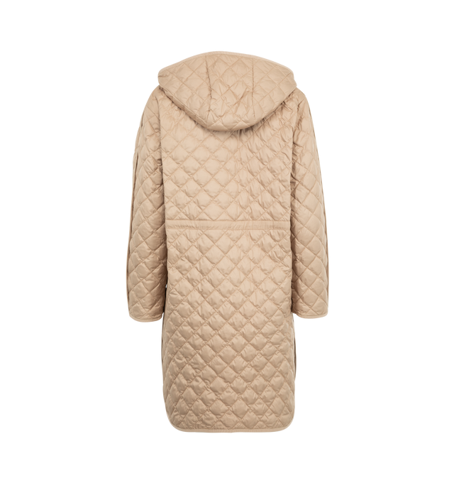 Image 2 of 4 - BROWN - Moncler Etelan Quilted Long Parka has a detachable hood, a snap-front closure, dropped shoulders, an adjustable drawstring waist, a logo patch on the sleeve, patch pockets, and a rounded hem. Down and feather fill. Polyester and leather exterior.  