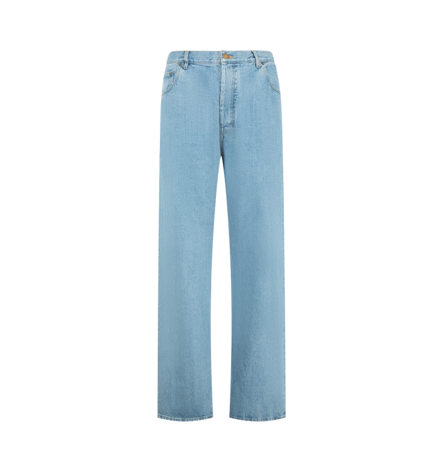 Image 1 of 3 - BLUE - Thom Browne Mens Five-Pocket Jeans are crafted from a washed denim. Feature a relaxed fit, button fly closure, five-pocket construction, reinforced back yoke with adjustable button-fastening backstrap, selvedge detail at the inner cuffs, and signature striped grosgrain loop tab. Main Material: 100% Cotton. Made in Japan. 