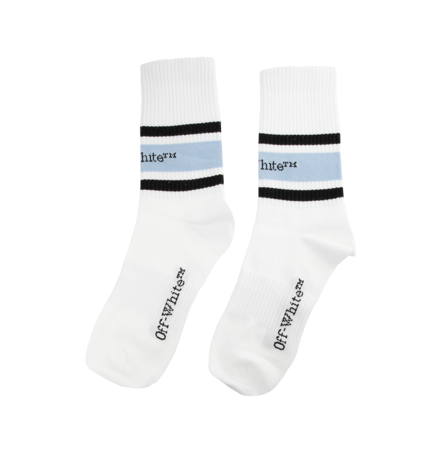 Image 2 of 2 - WHITE - OFF-WHITE Stripes Logo Socks featuring calf-high knit stretch, jacquard logo at rib knit cuffs and jacquard logo at sole. 70% cotton, 27% polyamide, 3% elastane. Made in Italy. 