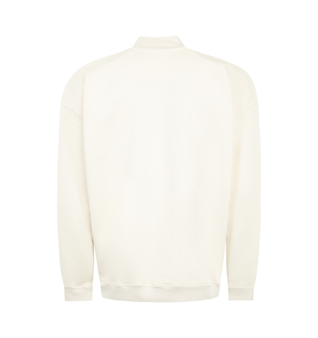 Image 2 of 2 - WHITE - WILLY CHAVARRIA Casa De Chavarria Gilroy Mock Neck Sweatshirt featuring a relaxed, boxy silhouette, structured mock neck, quarter-zip closure, bold horizontal stripe across the chest with signature branding, ribbed trims and oversized fit. 100% cotton.  