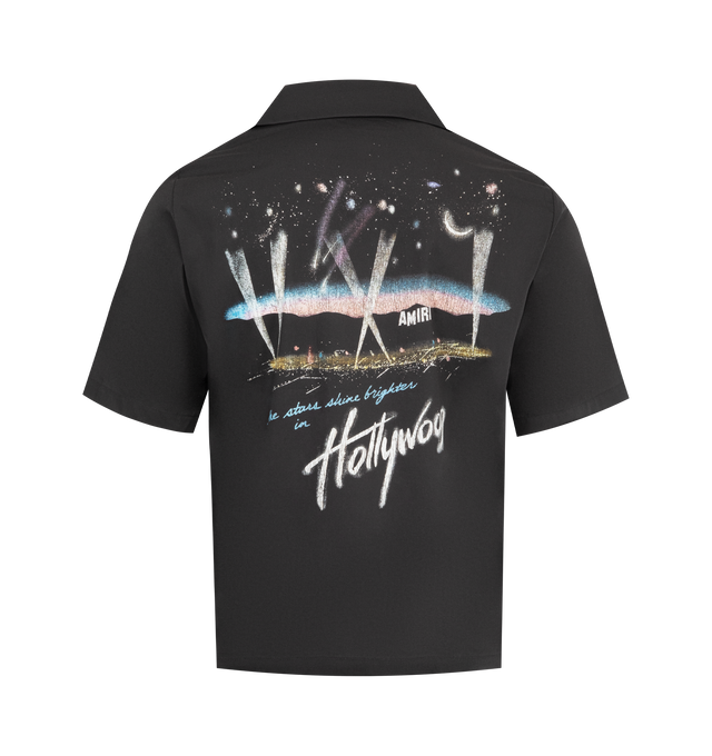 Image 2 of 2 - BLACK - AMIRI Hollywood Lights Camp Shirt featuring skyline graphic in an airbrush treatment on front and back, notched collar, short sleeves and button front closure. 100% cotton. 