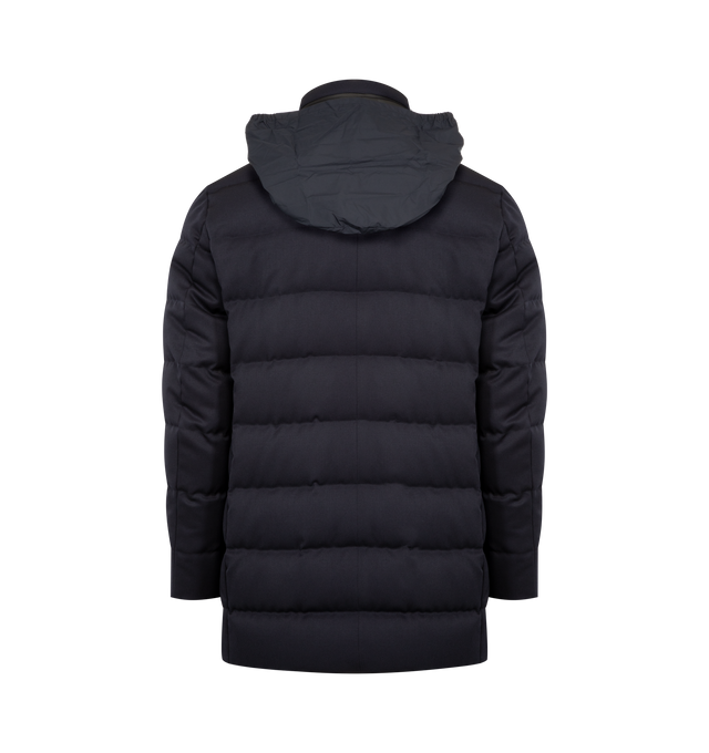 Image 3 of 5 - NAVY - MONCLER Vallonpierre Hooded Long Down Jacket featuring Aquaflect, nylon lining, down-filled, detachable and adjustable hood, collar with leather trim, zipper and snap button closure, pockets with zipper and snap button closure, adjustable cuffs, hem with drawstring fastening and leather logo patch. 100% virgin wool. Lining: 100% polyester. Padding: 90% down, 10% feather. Made in Romania. 