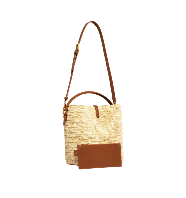 Image 2 of 3 - BROWN - SAINT LAURENT Le 37 Bucket Bag featuring cassandre hook closure, adjustable and detachable strap, removable zip pouch and unlined. 7.9" X 9.8" X 6.2". Raffia/calfskin leather/brass. 