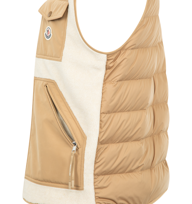 Image 3 of 3 - NEUTRAL - MONCLER Karakai Teddy Down Vest featuring teddy fleece, micro polyester back and lining, micro soft trim and pockets, down-filled, zipper closure, zipped kangaroo pockets and patch pockets with snap button closure. 100% polyester. 73% polyester, 27% acrylic. Lining: 100% polyester. Padding: 90% down, 10% feather. 