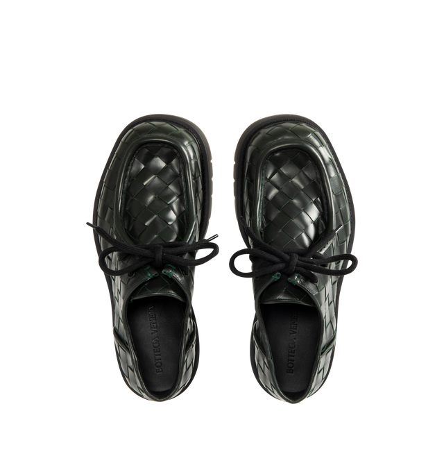 Image 4 of 4 - GREEN - Bottega Veneta Men's Haddock Dark Green Lace-Up Shoe in smooth calfskin with all-over Intrecciato craftsmanship. Upper and lining: calfskin leather. Rubber outsole. Made in Italy. 