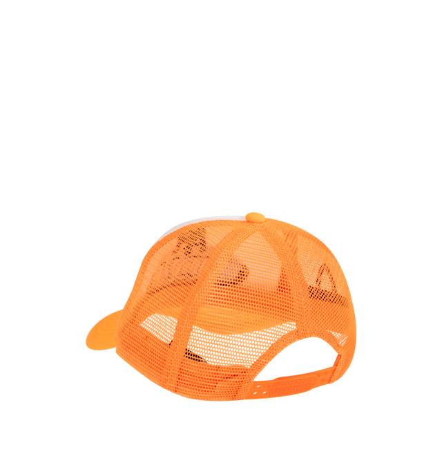 Image 2 of 2 - ORANGE - WHO DECIDES WAR  Dale Trucker Cap featuring a poly/cotton blend, original artwork directly embroidered, an adjustable snap closure and a breathable mesh back.   