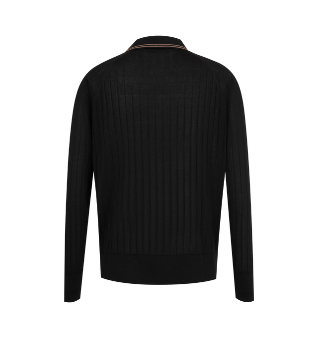 Image 2 of 2 - BLACK - Wales Bonner Men's Roots Polo Shirt is crafted from a viscose silk knit and features a refined polo silhouette inspired by vintage club and sportswear styles. Designed with a classic collar and long sleeves, this lightweight knit is finished with subtle logo embroidery at the chest and a relaxed fit that balances comfort with sophistication. 100% Viscose. 