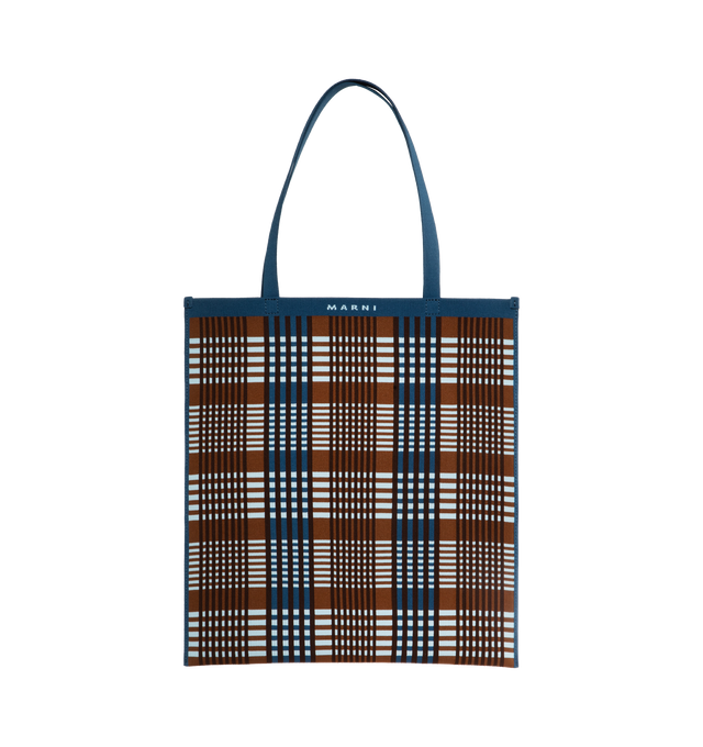 Image 1 of 3 - BROWN - MARNI Check Jacqaurd Tote featuring jacquard knit, brand logo and top handles. 15"W x 16.7"L x 0.4"D. 100% polyester. Made in Italy. 